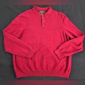 Eddie Bauer Knit Polo Shirt Mens Large Red Long Sleeve Solid Pima Cotton Stretch